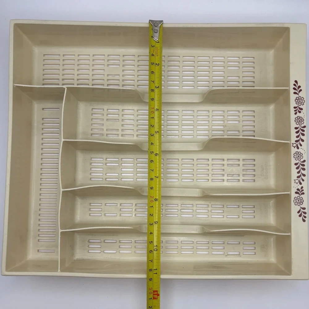 Vtg Cottagecore Silverware Drawer Tray Organizer 13x12 Cream Floral Maroon MCM